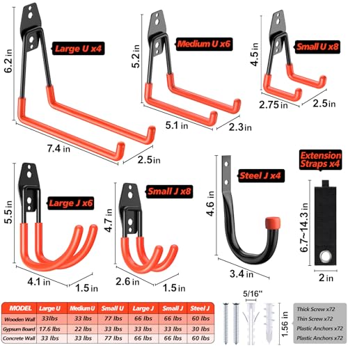 40 Pack Heavy Duty Garage Hooks,Solid Steel Wall Mount Hangers,with Anti-Slip Coating,for Hanging and Organising Ladder,Bike,Ropes,Broom,Garden,Yard and Power Tools - color: 40 Pack Orange
