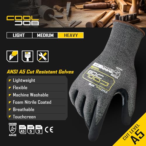 COOLJOB A5 Fiberglass Free Cut Resistant Gloves for Men, Touchscreen, Grip Nitrile Coated, No PFAS, Non Slip, Soft & Durable - color: Black (Pack of 1), size: Medium