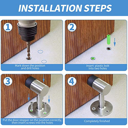 Floor Mount Door Stopper, Heavy Duty Door Stop Brushed Nickel Doorstop with Rubber Bumper & Stainless Steel Screws, 3 Inch Height
