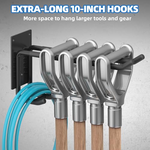 6 Pack Garage Hooks 10 INCH Heavy Duty Two-Tier Steel Shed Wall Mount Workshop Garage Storage Tool Organizer Hooks for Hanging Garden Tool, Hose, Ladder, Chairs, Bikes with Anti-Slip Coating