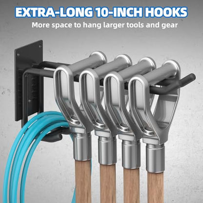 6 Pack Garage Hooks 10 INCH Heavy Duty Two-Tier Steel Shed Wall Mount Workshop Garage Storage Tool Organizer Hooks for Hanging Garden Tool, Hose, Ladder, Chairs, Bikes with Anti-Slip Coating