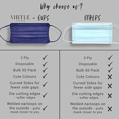 VIRTUE CODE On The Go Curved Face Masks - Soft 3 Ply Comfort 50 Disposable Face Masks - color: Blue