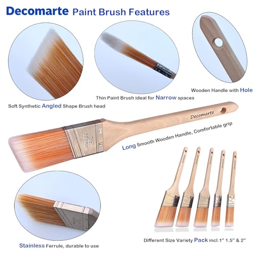 Thin Soft Bristle Long-Handled Wood Angled Sash Stain Brush for Painting Doors, Furniture, Wall Trim, House Touch Ups, Enamel Home Decorating Lacquer Paint Brush Pack Assorted