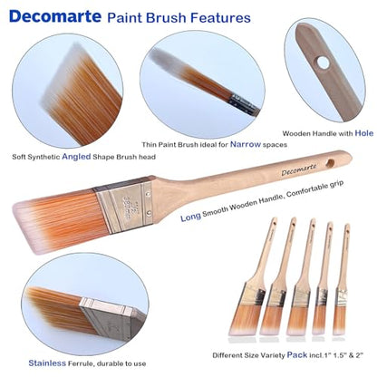 Thin Soft Bristle Long-Handled Wood Angled Sash Stain Brush for Painting Doors, Furniture, Wall Trim, House Touch Ups, Enamel Home Decorating Lacquer Paint Brush Pack Assorted