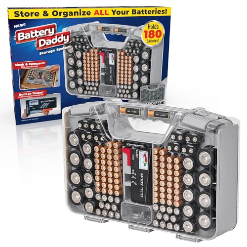 Battery Daddy Storage & Organizer Case w/Tester, Stores & Protects Up to 180 Batteries, Double-Sided, Clear Locking Lid, Secure Latches & Portable Carrying Handle- Warm Grey (Batteries Not Included) - color: Warm Grey