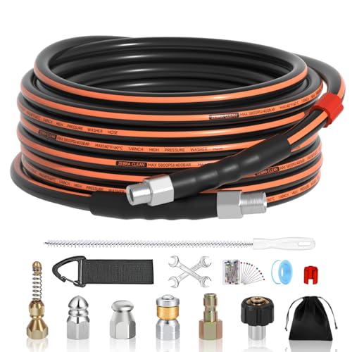 25FT Sewer Jetter Kit for Pressure Washer, 1/4" NPT Corner Drain Cleaner Hose 5800 PSI with Sewer Jetting Nozzles, Pearl Corsage Pin, Waterproof Tape, Extension Cord Organizer&2 Spanner - size: 25FT