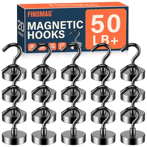 FINDMAG 20 Pack Magnetic Hooks, 50lbs Strong Magnetic Hooks Heavy Duty for Hanging, Magnets with Hooks for Cruise Cabin, Classroom, Office, Grill, Heavy Duty Magnetic Metal Hooks for Refrigerator - color: Black, size: 20Pack 50LBS+