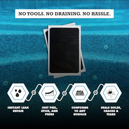 Burro Adhesives 10-Pack Waterproof Black Pool Patches - Professional Grade PVC Repair Kit with 2.75" x 4" Heavy Duty Patches for Commercial & Residential Vinyl Liner Pools, Works Underwater & Dry - color: Black