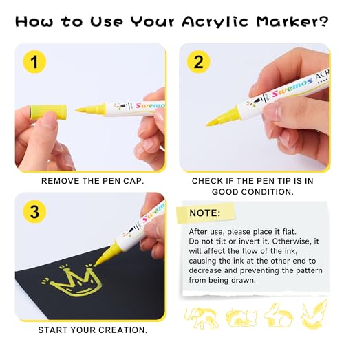 Swemos 2Pcs Yellow Acrylic Paint Pens Markers, Dual Tip with Fine Tip and Brush Tip Pens Acrylic Paint Markers Waterproof Acrylic Markers Set for Rock, Canvas Stone, Wood, Glass, Metal (YELLOW, 2) - style: YELLOW