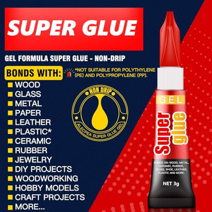 3 Gram (Pack of 24) Single use Super Glue Gel, Super Fast, Thick & Strong Adhesive Superglue, Cyanoacrylate Glue for Hard Plastics, DIY Craft, Ceramics, Frame, Leather, Metal Etc - size: Pack of 24, style: Gel