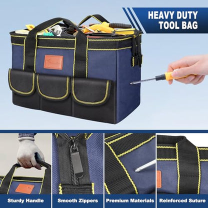 12-Inch Tool Bag with Waterproof Hard Bottom, Durable Wide Mouth Tote Tool Organizer with Multiple Pockets for Electricians Carpenters Mechanics and DIY Projects, Blue
