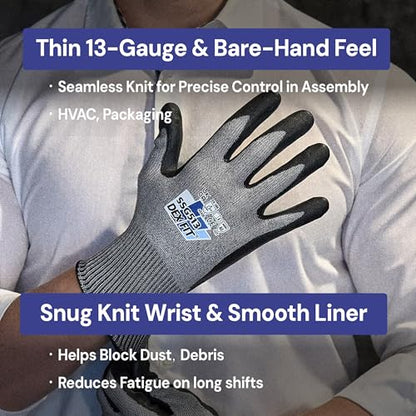 DEX FIT SSG513 Stainless Steel Cut Resistant Gloves, ANSI A5, Durable Non-Slip Nitrile Grip, Touchscreen, Comfort Stretchy Fit, Thin & Breathable, Machine Washable; Gray M (8), 3 Pairs - color: A5 Gray Lite, size: Medium (3 Pairs)