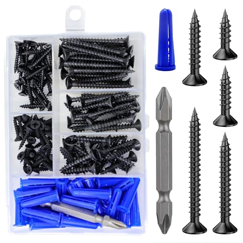 Wensilon (150Pcs) Black Wood Screw Quick Metal Self Tapping Flat Head with Drywall Plastic Anchors kit - size: Black Flat Head Wood Screws