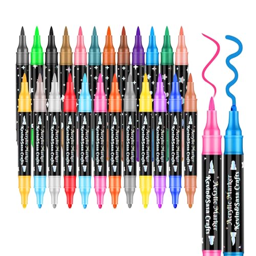 24 Colors Dual Tip Acrylic Paint Marker Pens Set, Multifunctional Acrylic Tips with Laser Pen Body, Professional Acrylic Paint Pens for Wood, Canvas, Rock Painting, Glass, DIY Crafts Art Supplies