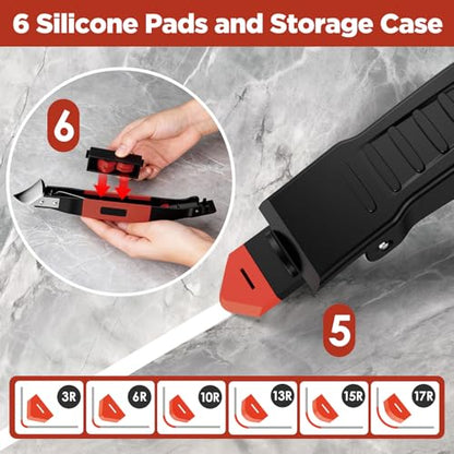 6 in 1 Silicone Caulking Tool Kit with Caulk Grout Remover Tool Sealant Finishing & Smoothing Tool, Grout Scraper, 6 Reusable Pads and Adhesive Residue Scraper for Kitchen Bathroom Tile Sink (Red) - color: Red