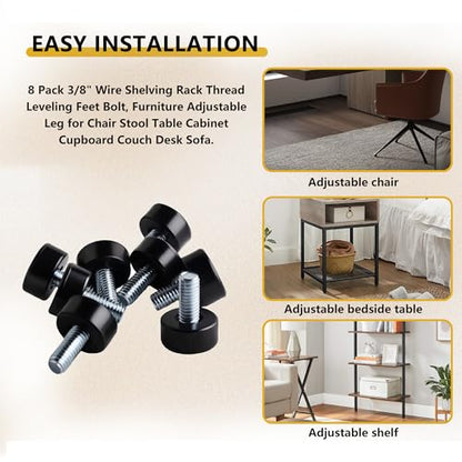 8 Pack Adjustable Furniture Levelers, 3/8"-16 UNC Threaded Leveling Feet for Tables, Chairs, Cabinets, Wire Rack, Sofa - Heavy Duty Floor Protectors - size: 8x3/8"- No Nuts