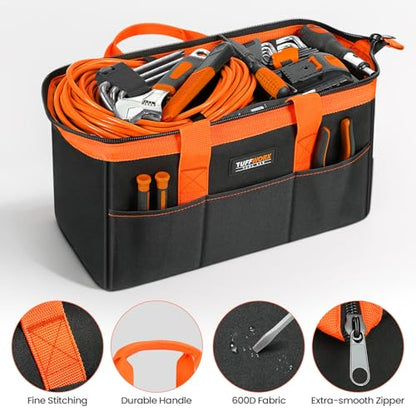 Tool Bag, Large Tool Organizer Bag with 18 Pockets,15.7x 11.4x 9.8 inch, Heavy Duty 600D Fabric, Black and Orange - size: 14.2inch