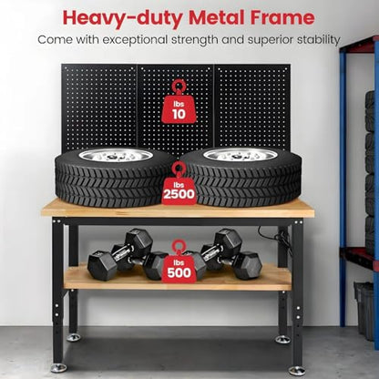ENJOYWOOD 48" x 20" Heavy Duty Workbench Adjustable Height Garage Work Table with Solid Rubberwood Top, Double Layer Shelf, Pegboard & Power Outlets for Workshop, Home & Office - size: Small