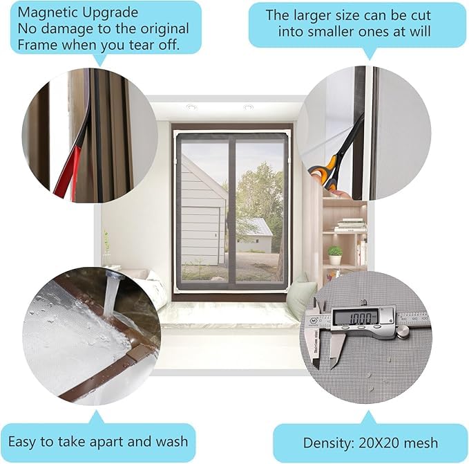 DIY Magnetic Window Screen with Adjustable Size | Easy and Fast Installation, Window Screen net kit White Frame with Gray Fiberglass mesh - size: 59"x51"(150x130cm)