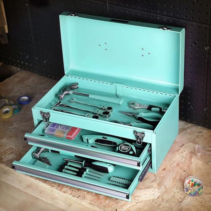 Amazon Basics Steel Tool Box Storage and Organization Drawers, Tool Storage with Powder Coat Finish, 18.11 x 8.66 x 9.45 in, Turquoise
