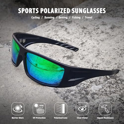 Polarized Sports Sunglasses for Men Women Unbreakable Frame Cycling Fishing Wrap Around Sunglasses UV400 Protection - color: 1-black Frame/Green Mirror Lens