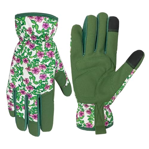 Gardening Gloves for Women, Garden Gloves with Touch Screen, Thorn Proof Puncture Resistant Working Gloves, Gardening Gifts for Women (Green with purple flowers, Medium) - color: Green With Purple Flowers, size: Medium