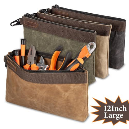 Waxed Canvas Tool Pouches 4 Pack – 11-Inch Heavy-Duty Zipper Tool Bags Set, Waterproof Utility Storage Pouches for Tools, Cables, Gear & Supplies – Rugged Tool Organizer Bags