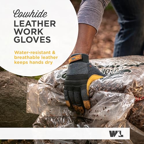Wells Lamont Men's HydraHyde Work Gloves – Cowhide Leather, Reinforced Fingertips for Durability – Adjustable Velcro Wrist – Ideal for Gardening, Landscaping, Lawn Care – Navy - XXL - size: XX-Large