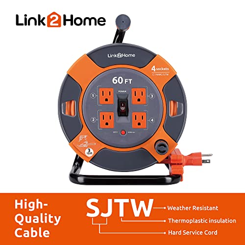 Link2Home Cord Reel 60 ft. Extension Cord 4 Power Outlets – 14 AWG SJTW Cable. Heavy Duty High Visibility Power Cord. - size: 60 Feet