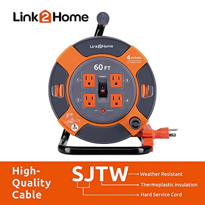 Link2Home Cord Reel 60 ft. Extension Cord 4 Power Outlets – 14 AWG SJTW Cable. Heavy Duty High Visibility Power Cord. - size: 60 Feet
