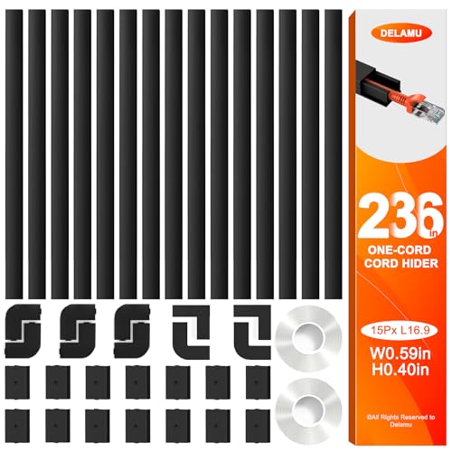 Delamu 236in Cord Hider, One-Wire Cord Covers for Wires on Wall, Easy-to-Install Cable Hiders for Mounted Tv, Cable Management Kit, Cable Raceways, W0.59 H0.4in, Black - color: Black, size: 236in L X 0.59in W X 0.40in H