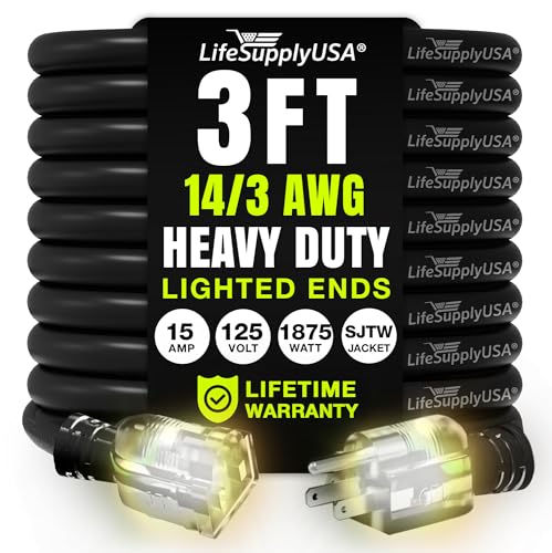 3ft Outdoor/Indoor Extension Cord 14/3 Gauge Heavy Duty 3 Prong SJTW, Waterproof, Flexible Cold-Resistant Long Power Cord,15A 125V 1875W, Black by LifeSupplyUSA - color: Black, size: 3 FT, style: 14AWG