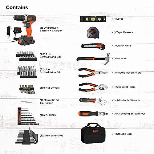 BLACK+DECKER Home Tool Kit with 20V MAX Drill/Driver, 83-Piece, 600 RPM (BDPK70284C1AEV)
