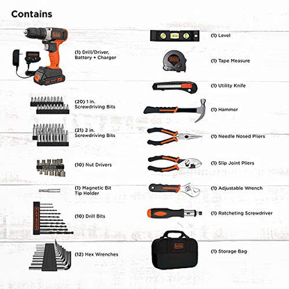 BLACK+DECKER Home Tool Kit with 20V MAX Drill/Driver, 83-Piece, 600 RPM (BDPK70284C1AEV)