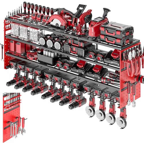 Power Tool Organizer Wall Mount, Cordless Drill Hanger Storage Rack 8 Drill Holder, 4 Layer Heavy Metal Large Capacity Tool Rack for Garage Organization (Red, 12 Drills Holder) - color: Red, size: 12 Drills Holder