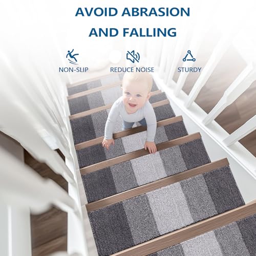 OLANLY Stair Treads Non Slip 15PCS, 8" x 30" Indoor Stair Runners for Wooden Steps, Edging Stair Rugs with Reusable Peel and Stick Adhesive for Kids Elders and Pets, Grey - color: Grey