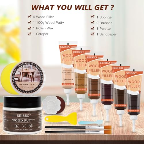 Wood Furniture Repair Kit - Wood Fillers, Putty with Wood Wax, Hardwood Laminate Repair Kit, Walnut Wood Scratch Repair Kit Restore Scratches, Cracks, Holes for Tables, Doors, Floors, Cabinet