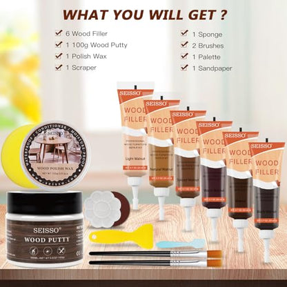 Wood Furniture Repair Kit - Wood Fillers, Putty with Wood Wax, Hardwood Laminate Repair Kit, Walnut Wood Scratch Repair Kit Restore Scratches, Cracks, Holes for Tables, Doors, Floors, Cabinet