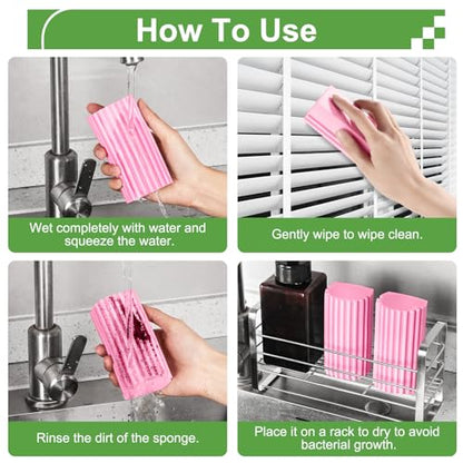 Jeymei 4-Pack Damp Clean Duster Sponge,Pink Damp Dusting Sponge,Duster Baseboard Cleaner Sponge with Ridges,Reusable Wet Duster Sponge,Household Cleaning Sponges for Blinds,Window Track Grooves - color: Pink, size: 4