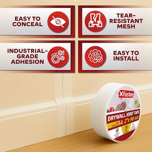XFasten Drywall Tape Self Adhesive (3-Pack 270ft Total) Heavy-duty Fiberglass Drywall Mesh Tape for Dry Wall Repair, Joint Mesh Sealer, Patch Holes, and Sheetrock Seam Stress Cracks - 2-Inch x 90-Feet - size: 2-inches X 90-feet (3-pack)