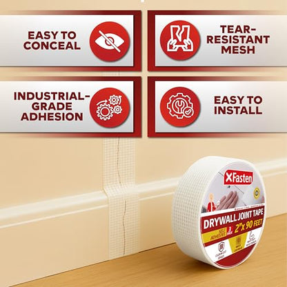 XFasten Drywall Tape Self Adhesive (3-Pack 270ft Total) Heavy-duty Fiberglass Drywall Mesh Tape for Dry Wall Repair, Joint Mesh Sealer, Patch Holes, and Sheetrock Seam Stress Cracks - 2-Inch x 90-Feet - size: 2-inches X 90-feet (3-pack)