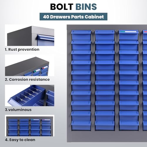 40 Drawer Nut and Bolt Organizer Cabinet, Small Parts Storage Cabinet Bolt Bin with Dividers & Labels, 21"X 9"X 25" Steel Frame Tool Organizer Parts Cabinet for Garage Hardware & Screw Storage - size: 40-Drawer