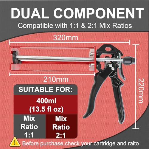 Epoxy Gun Dual Component 400ml – Manual 1:1 & 2:1 Ratio Adhesive Applicator for Epoxy, Urethane, Acrylic,High-Thrust 2-Part Adhesive Gun for Panel Bonding, Structural & Plastic Repair,Red - size: 400 ml (1:1, 2:1)