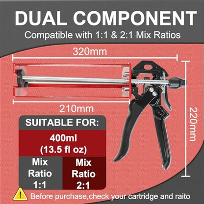 Epoxy Gun Dual Component 400ml – Manual 1:1 & 2:1 Ratio Adhesive Applicator for Epoxy, Urethane, Acrylic,High-Thrust 2-Part Adhesive Gun for Panel Bonding, Structural & Plastic Repair,Red - size: 400 ml (1:1, 2:1)