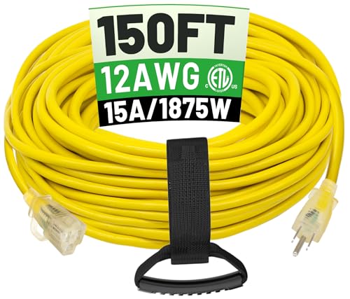 POWGRN 150 ft 12/3 Outdoor Extension Cord Waterproof Heavy Duty with Lighted Indicator End 12 Gauge 3 Prong, Flexible Cold-Resistant Long Power Cord Outside, 15Amp 1875W SJTW Yellow ETL Listed - color: Yellow, size: 150FT
