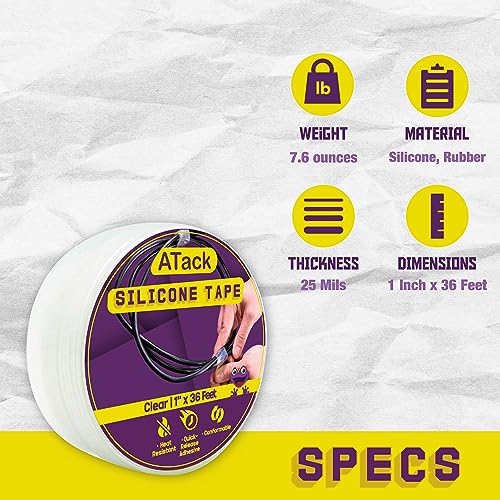 ATack Silicone Self Fusing Tape 1-Inch x 36-Foot (Clear) Waterproof and Weatherproof Self-Fusing Silicone Rubber Sealing Wrap Quick Fix Repair Tape for Hose, Pipe, Plumbing Emergency Repair 25 Mil - color: Clear
