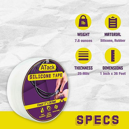 ATack Silicone Self Fusing Tape 1-Inch x 36-Foot (Clear) Waterproof and Weatherproof Self-Fusing Silicone Rubber Sealing Wrap Quick Fix Repair Tape for Hose, Pipe, Plumbing Emergency Repair 25 Mil - color: Clear
