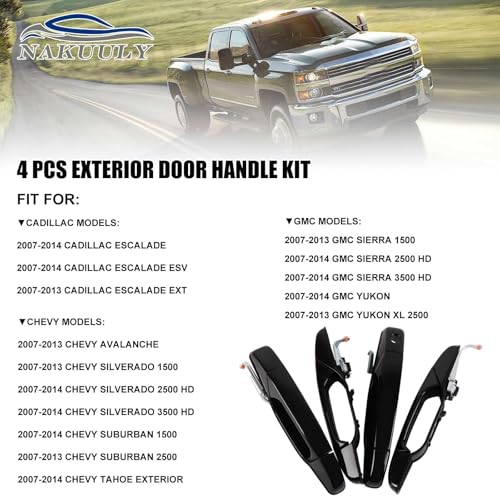 Exterior Black Outside Door Handle 4PCS Front Rear Driver & Passenger fits 2007-2014 Cadillac Escalade Chevy Avalanche Silverado Suburban GMC Sierra Yukon # 20828258 22738721 25960525 22738722 - color: Black