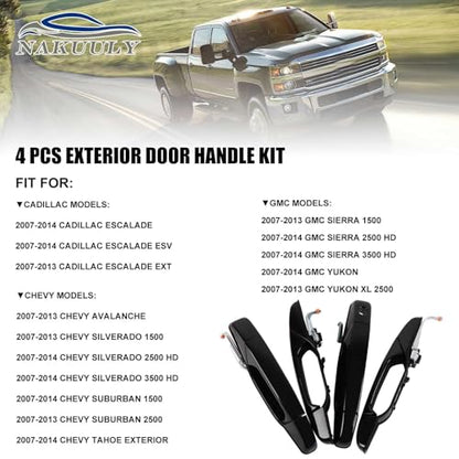 Exterior Black Outside Door Handle 4PCS Front Rear Driver & Passenger fits 2007-2014 Cadillac Escalade Chevy Avalanche Silverado Suburban GMC Sierra Yukon # 20828258 22738721 25960525 22738722 - color: Black