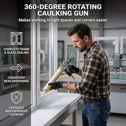 Caulk Gun Kit preventing continuous dripping with dual-mode switch, 10 OZ 360° Rotating Barrel with Scraper and Silicone Sealant for DIY Home Bathroom Renovation & Handyman